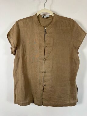 Carole Little Mandarin Collar Button-Up Blouse 100% Linen Minimalist Asian Tan